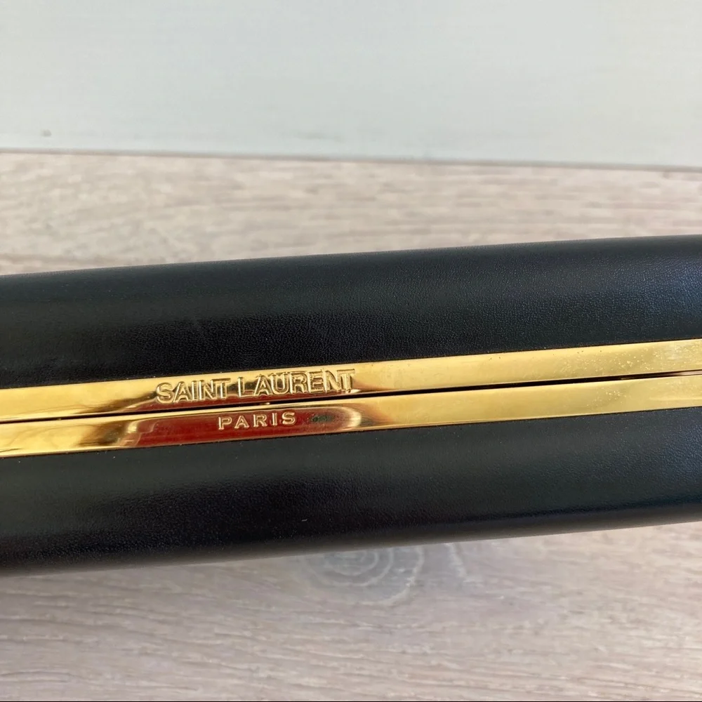 Saint Laurent Diagonal Leather Minaudière Clutch Black Gold - Picture 7 of 16